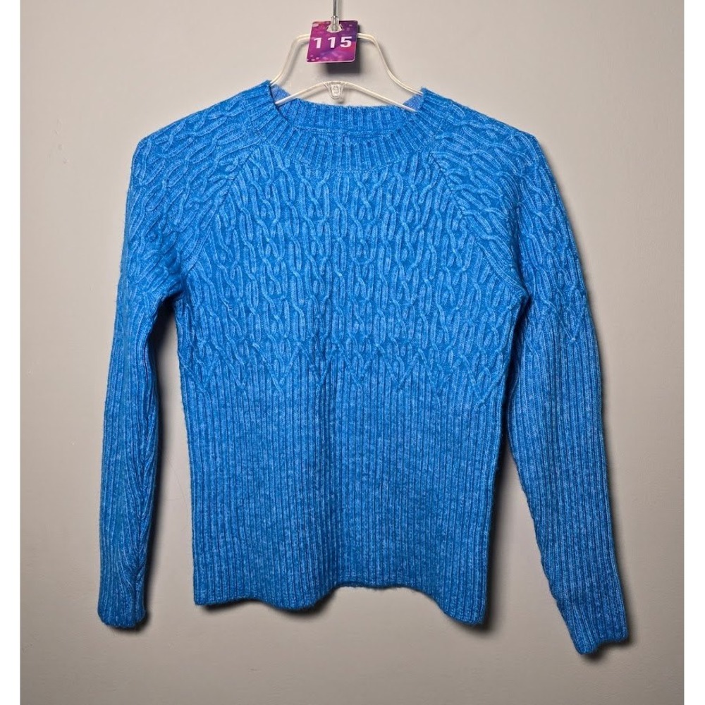 LOFT Womens Sweater Blue Cable Knit Ribbed Pullover Crewneck Preppy Winter Sz XS